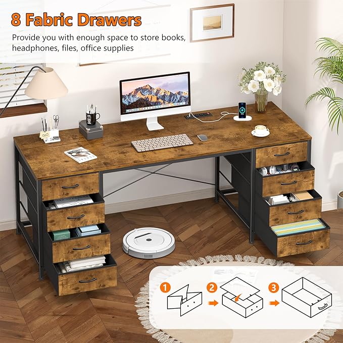 60 Inch Computer Desk with 8 Drawers, Home Office Desk with Power Outlets, Work Study Gaming Desk with 8 Fabric Drawers, Rustic Brown
