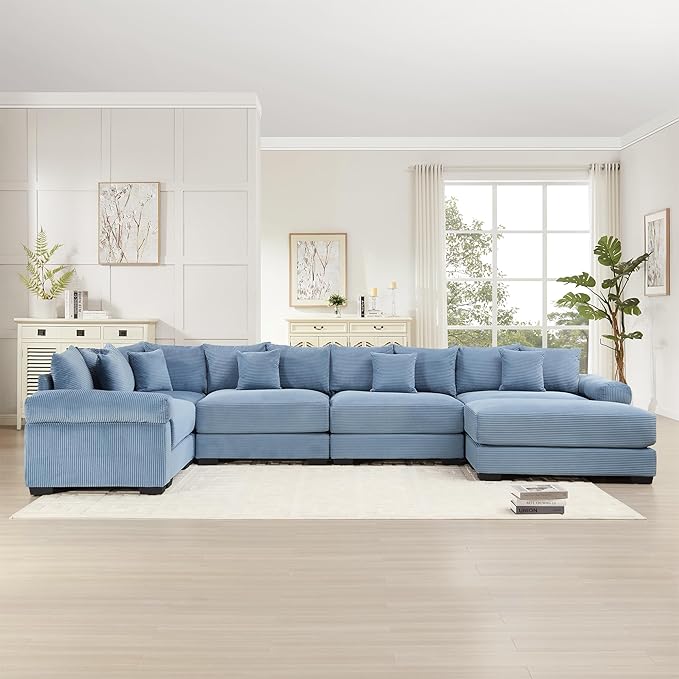 KEIKI 146" U-Shaped Oversized Corduroy Modular Cloud Sectional Sofa with 1 Ottoman, High-Density Foam Cushion, Extra-Thick Armrest, 5-Seater Fluffy Corner Couch with 18 Pillow, for Living Room, Blue
