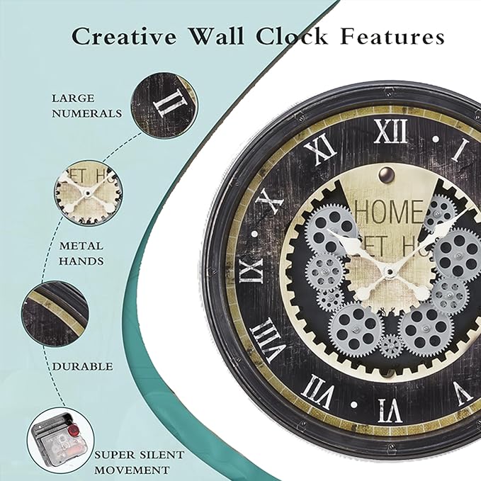 20 Inch Steampunk Wall Clock with Decorative Gears, Industrial Vintage Analog Clock for Living Room, Farmhouse, Office Decor, Silent Non-Ticking Battery Operated,Brown