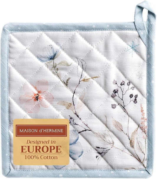 Maison d' Hermine Pot Holders 100% Cotton Heat Resistant Potholders 8" x 8" Hot Pads with Loop for Thanksgiving Christmas Decorations BBQ Cooking Baking Handling Hot Pans (Pack of 1, Ice Florals)