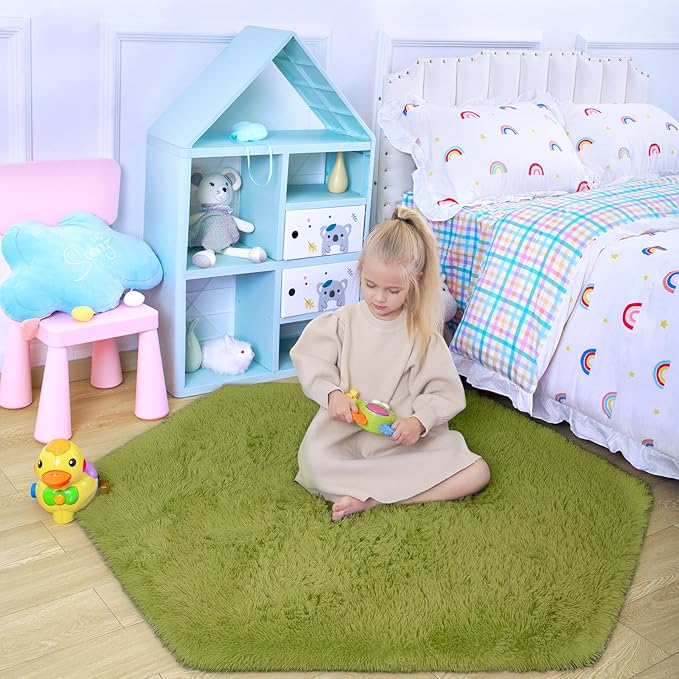 junovo Ultra Soft Rug for Nursery Children Room Baby Room Home Decor Dormitory Hexagon Carpet for Playhouse Princess Tent Kids Play Castle, Diameter 4.6 ft, Green