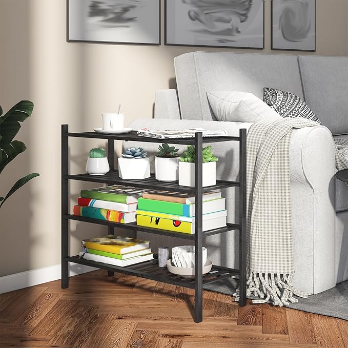 4-Tier Bamboo Shoe Rack for Entryway, Stackable | Heavy Duty | Multi-Function, Free Standing Shoe Racks for Bedroom Hallway Closet（Black）