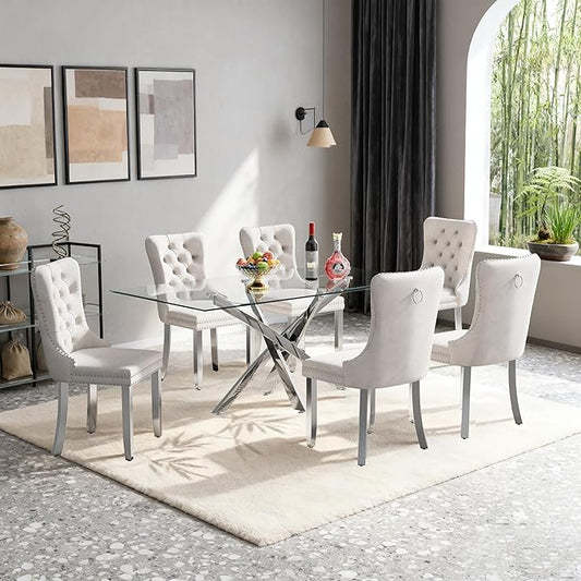 Goujxcy 51" Glass Dining Table Set for 6, Modern Kitchen Table and Chairs Set w/Steel Legs, 7-Piece Dining Table Set w/Glass Silver Dining Table and 6 Beige Velvet Chairs for Kitchen Dining Room