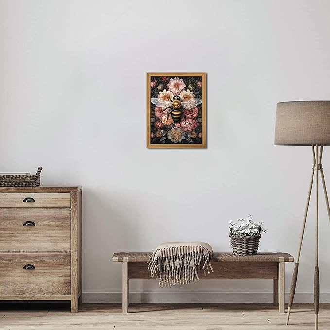 Framed Vintage 3D Textured Wall Art - Dark College Bee Flowers Wall Decor - Hand Drawn Sandstone Nature Botanical Pictures for Living Room Bedroom Home Decor 8x10in