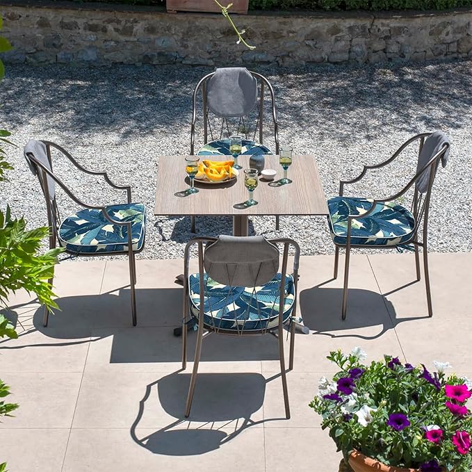 Set of 4 Outdoor Chair Cushions 19"x19"x2",Water Repellent Patio Seat Cushion with Ties and Removable Covers,Dining Chair Cushions for Indoor Kitchen and Patio Furniture,Swaying Palms Blue