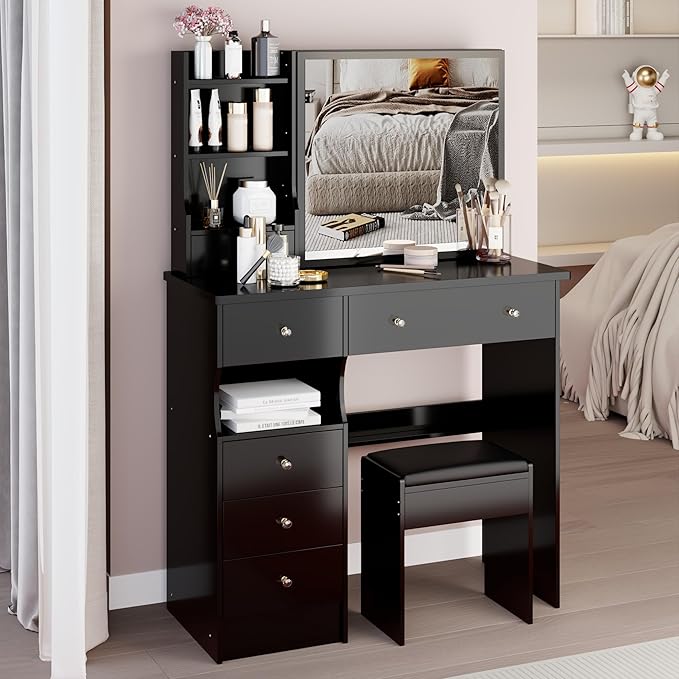 KEIKI Vanity Desk with Sliding Mirror & Cushioned Stool, 37'' Makeup Dressing Table Set for Bedrooms, Dorms, Apartments, Black