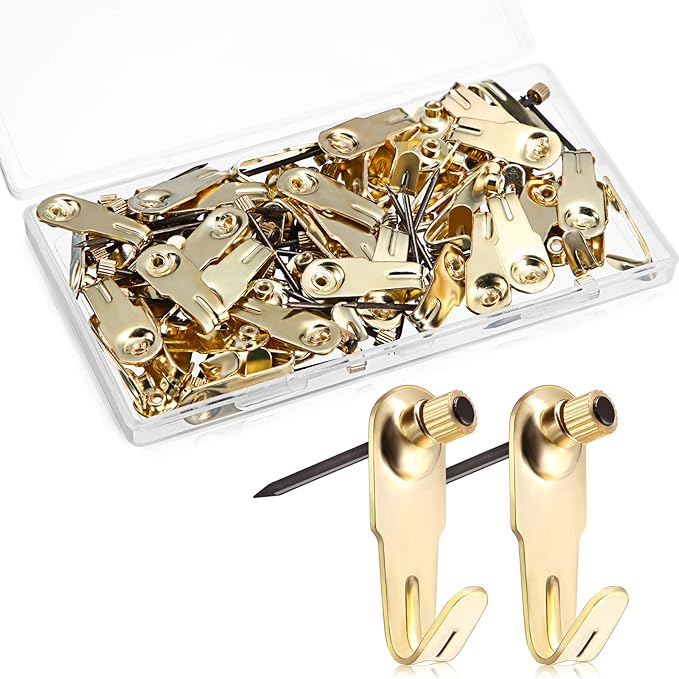 Jetec Plaster Picture Hangers Hooks Picture Gold Hanging Kit with Nails for Plaster Wall Wooden Wall Drywall Mounting(50 Pieces,20 lbs)