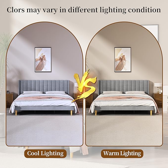 King Size Upholstered Platform Bed Frame with Modern Wingback & Vertical Panel Headboard, Velvet Fabric, Wooden Legs & Slats Support, No Box Spring Needed, Noise-Free & Easy Assembly, Grey