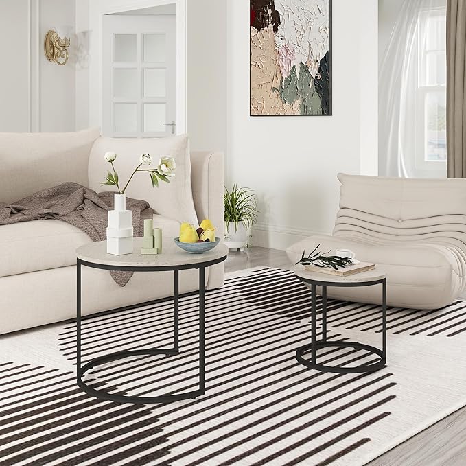 Nesting Tables Set of 2, Round Coffee Table, Small Nesting Coffee Table with Adjustable Non-Slip Fee, Wood Grain Top Nesting Tables for Living Room, Bedroom (Wood Grain Grey)