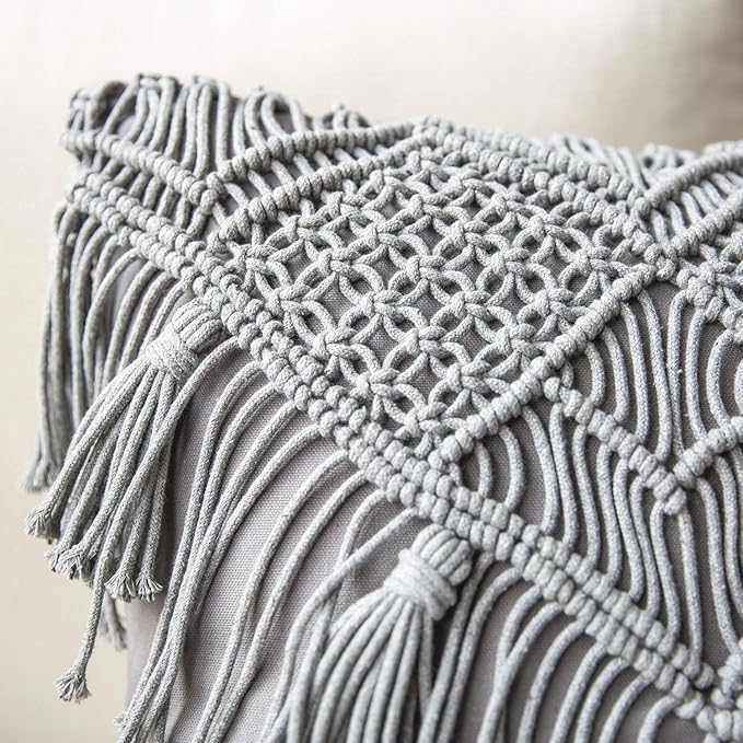 Phantoscope 100% Cotton Handmade Crochet Woven Boho Throw Pillow Farmhouse Pillow Insert Included Decorative Cushion for Couch Sofa Grey 18 x 18 inches