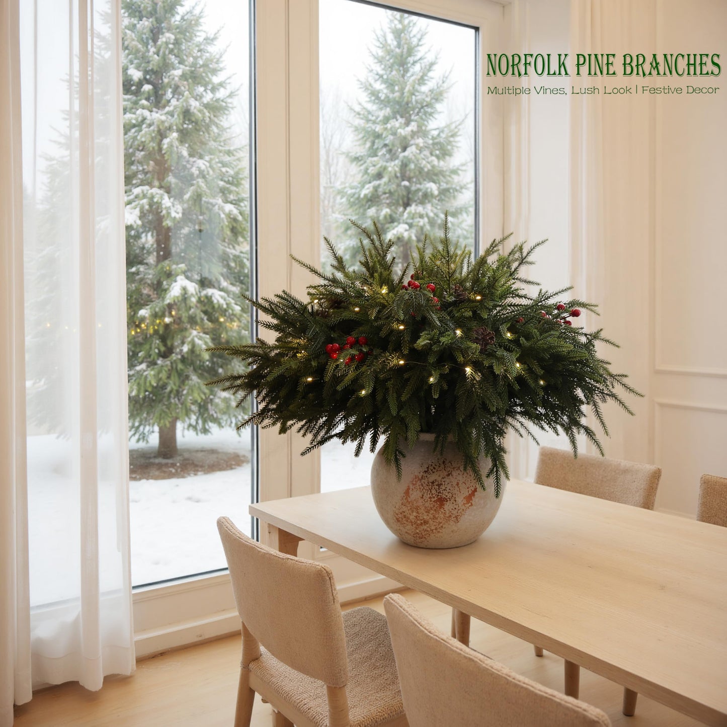 WHANLEY L&Q 20-Piece Set 23" Christmas Norfolk Pine Branches with Lights - Battery Operated Christmas Decorations - Warm Lights -Norfolk Pine Stems for Xmas DIY Crafts Garland Wreath- Christmas Decor