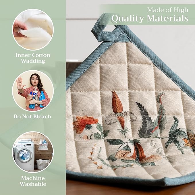 Maison d' Hermine Pot Holders 100% Cotton Heat Resistant Potholders 8" x 8" Hot Pads with Loop for Thanksgiving Christmas Decorations BBQ Cooking Baking Handling Hot Pans (Pack of 1, Dalida)