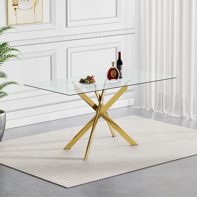 Rectangular Glass Dining Table, Tempered Glass Tabletop and Metal Legs, Modern Style Glass Kitchen Table for Home, Kitchen, Dining Room (Gold, 52'')
