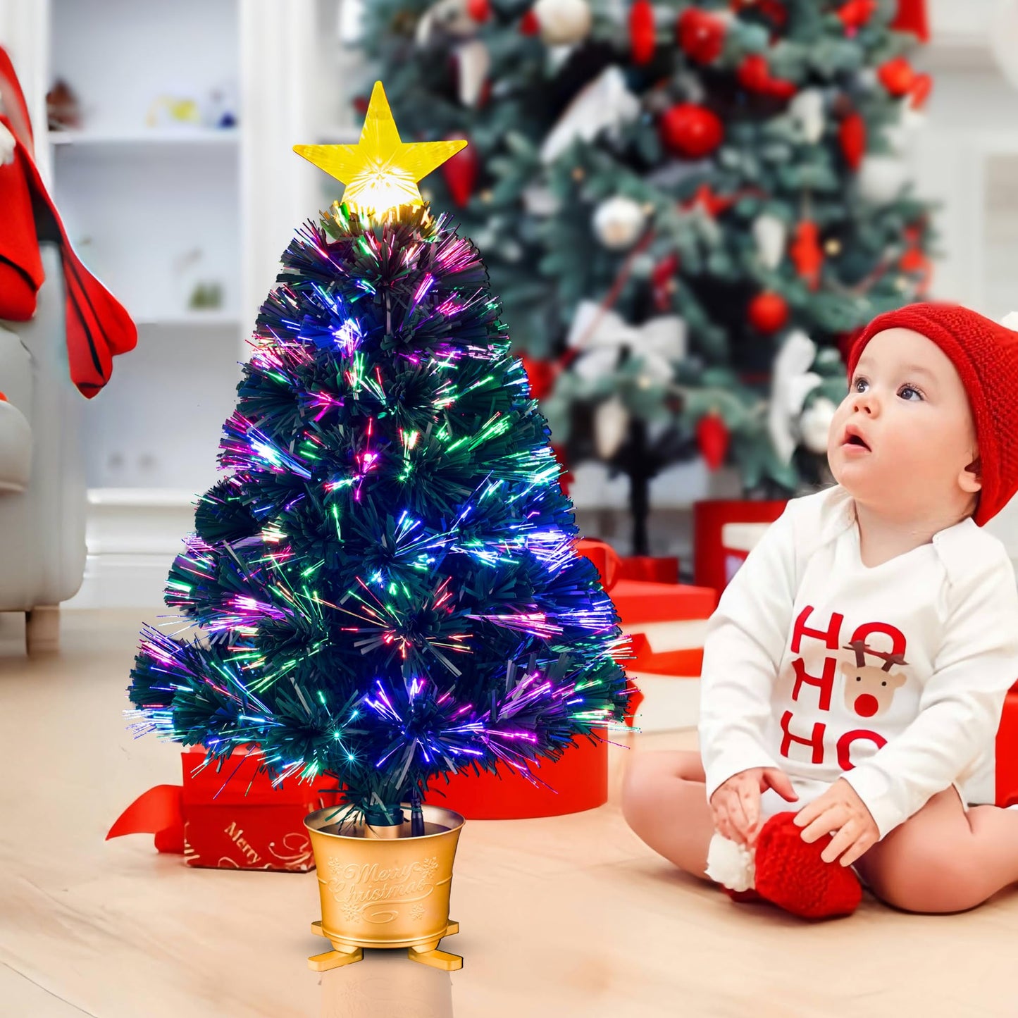 YUETJIN 24inch Pre-lit Mini Fiber Optic Tabletop Artificial Christmas Tree，Small Xmas Tree with Stars Decorations-Gold