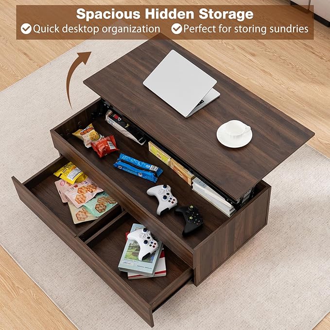 HOMMPA Modern Lift Top Coffee Table with Storage for Living Room, LED Coffee Table, Wooden Lift Table Top Dining Table with 2 Drawers Hidden Compartment & Metal Frame, Walnut