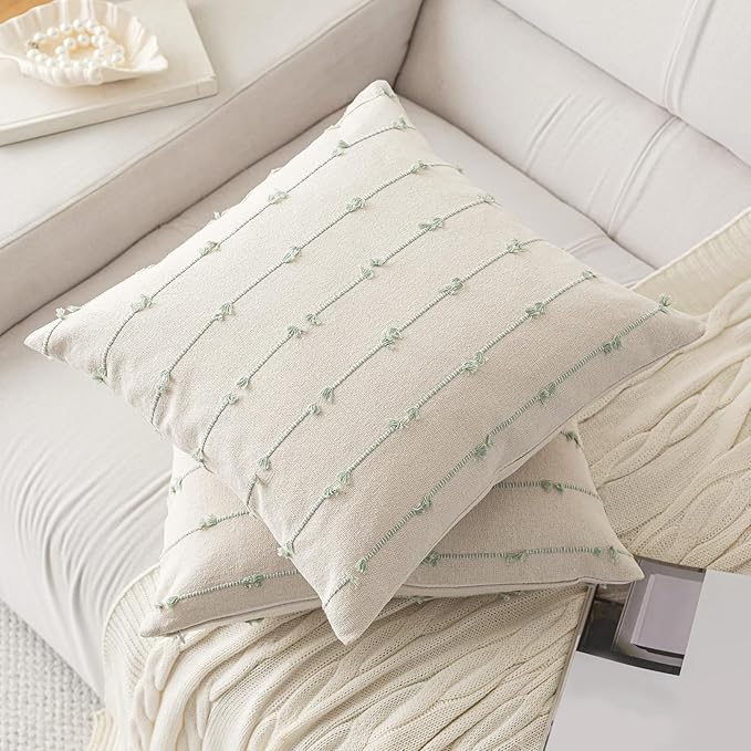 Boho Throw Pillow Covers 18x18 Set of 2 Modern Farmhouse Decorative Cushion Case Tufed Square Pillows Cover Neutral Pillow Cases Accent Pillowcase for Sofa,Couch,Bed,Beige and Green