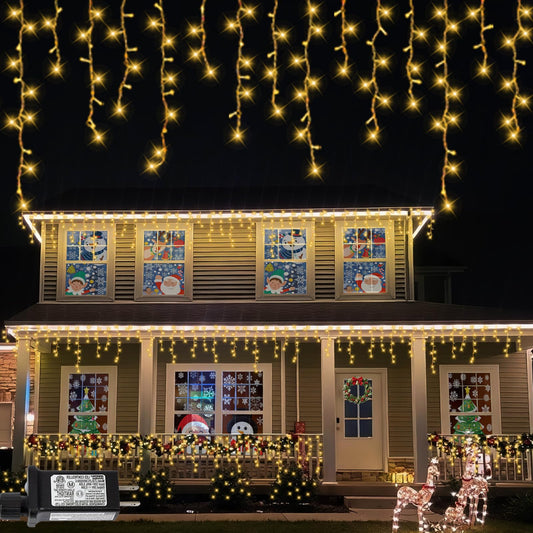QITONG Warm White Icicle Christmas Lights, 33ft 400 LED Icicle Lights for Outside Indoor with 8 Modes, Clear Wire Connectable String Light Plug in