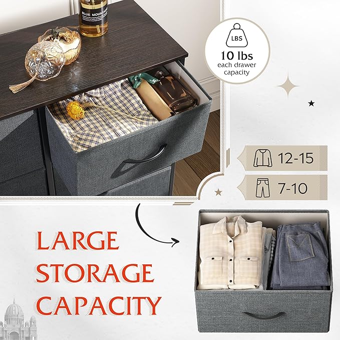 WLIVE Fabric Dresser for Bedroom, 6 Drawer Double Dresser, Storage Tower with Fabric Bins, Chest of Drawers for Closet, Living Room, Hallway, Dark Grey