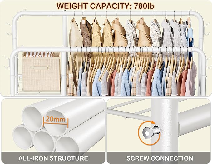 Double Rods Clothes Rack Clothing Rack with 4 Tier Storage Shelves Clothes Rack for Hanging Clothes Multifunctional Heavy Duty Clothes Organizer with Hooks for Bedroom,Wardrobe Closet,Shop,White