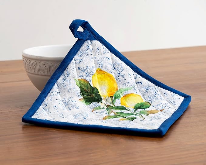 Maison d' Hermine 100% Cotton Oven Mitt & Pot Holder Set (7.5"x13" & 8"x8") Heat Resistant BBQ Cooking Gloves with Loop, Baking, Grilling, Kitchen, Handling Hot Pans Spring/Summer (Citrus)