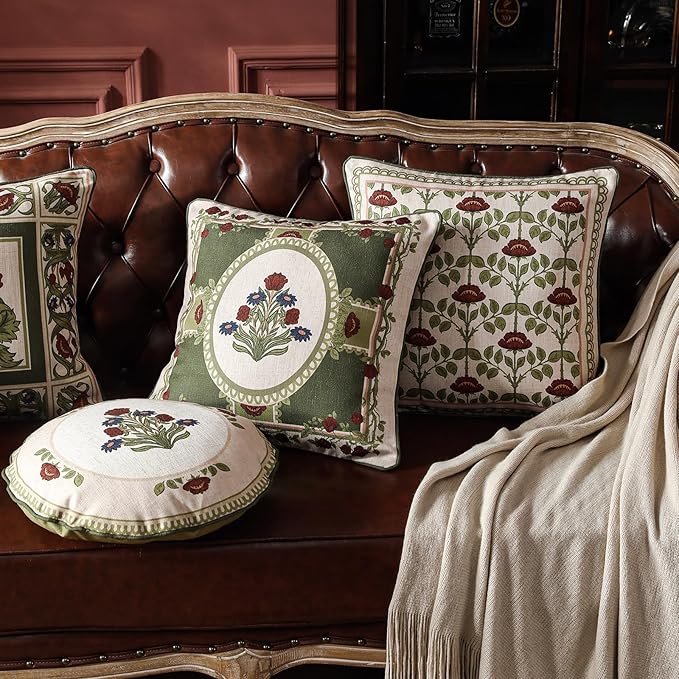 Design Linen Round Throw Pillow Covers Diameter 16" Pack of 2, Yellow Green French Cushion Covers with Red Purple Floral Pattern Decoration Pillowcases for Bed, Living Room, Outdoor, Car