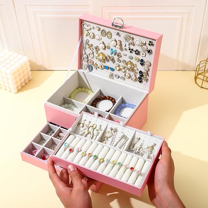 BOOVO Earring Jewelry Box For Women Girl Stud Organizer, 5 Layers Girl Jewelry Organizer Box With Lock Earring Holder Organizer Necklace Ring Jewelry Organizer Box For Girls (Pink)