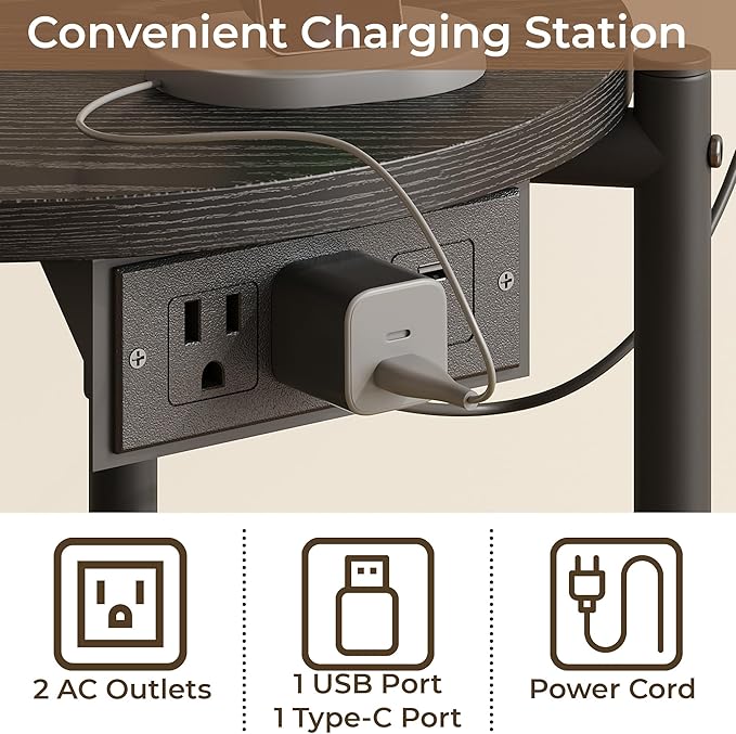 LIKIMIO Small Round End Tables Set of 2 with Charging Station, 2-Tier Wooden Side Tables, 15.8" W Modern Nightstands for Small Spaces, Living Room, Bedroom, Black