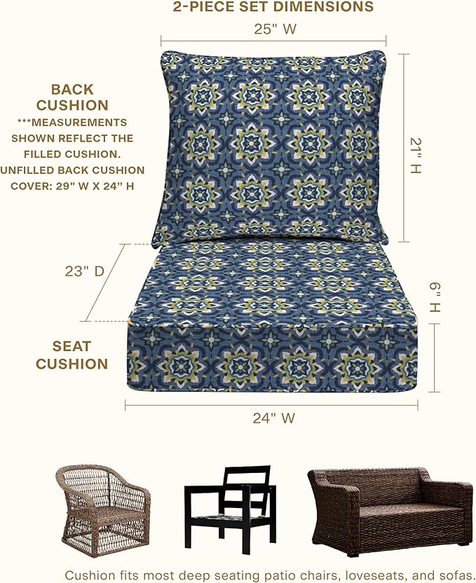 Honeycomb Outdoor Deep Seat, 24 x 23, Medina Medallion Blue Chair Cushion for Patio Furniture