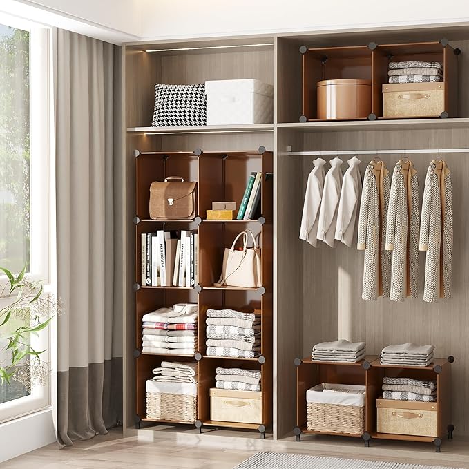 AWTATOS Cube Storage Organizer, Storage Cubes Shelves Bookshelf, 6 Cube Closet Organizers and Storage, DIY Stackable Plastic Clothes Organizer Shelving for Bedroom, Home, Cocoa Brown