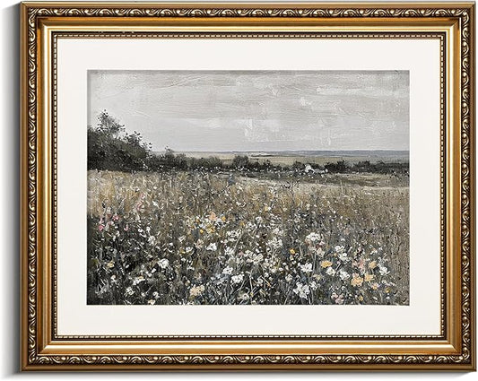 VIYYIEA Gold Framed Wall Art Canvas Print Home Decor Landscape Room Decor Art Meadow with Flowers Vintage Wall Art Decor Modern Farmhouse Decor Cottagecore Prints Bedroom Bathroom Office 13x16in