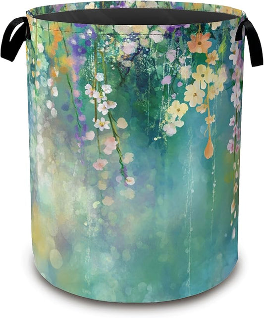Abstract Flowers Laundry Basket,Spring Floral Collapsible Laundry Baskets with Handles,Waterproof Oxford Cloth Storage Basket 16"x20" for Bathroom/Bedroom/Dormitories
