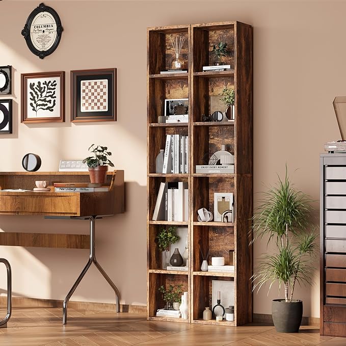 oneinmil 71.5" Tall Narrow Bookshelf, 6-Tier Cube Display Rack, Modern Corner Bookshelf with Storage Space, CD Storage Cabinet for Home Office (Brown 1 Pack, 6-Tier)