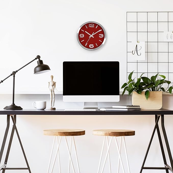 Bernhard Products Metal Wall Clock Modern Silver & Wine 10 Inch Silent Non Ticking, Red Round Elegant Quality Quartz Battery Operated for Home Kitchen Living Room Office, 3D Numbers