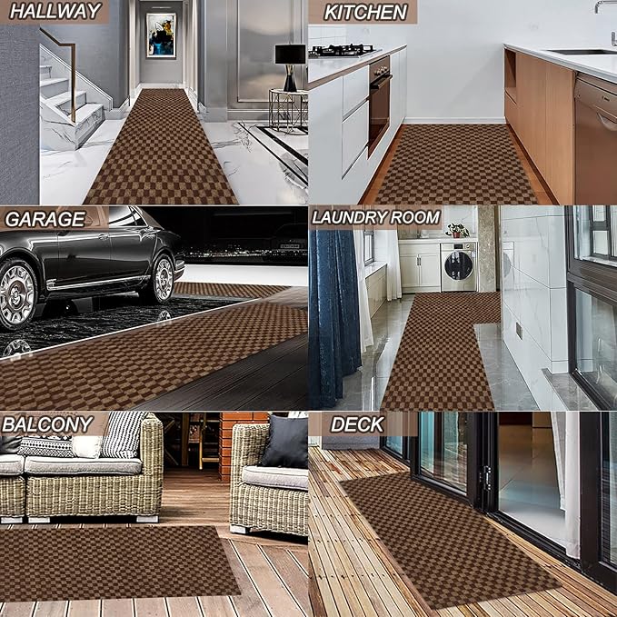 2' x 20' Runner Rugs with Rubber Backing, Indoor Outdoor Utility Carpet Runner Rugs, Checkered Brown, Can Be Used as Aisle for The RV and Boat, Laundry Room and Balcony