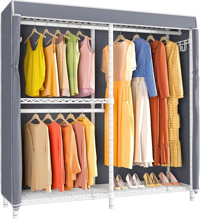 VIPEK V4C Heavy Duty Adjustable Clothing Rack, White Metal Closet Rack with Grey Cover, 57.9" L x 17.3" W x 76.4" H, 3 Hanging Rods & Side Hooks, Portable Closet