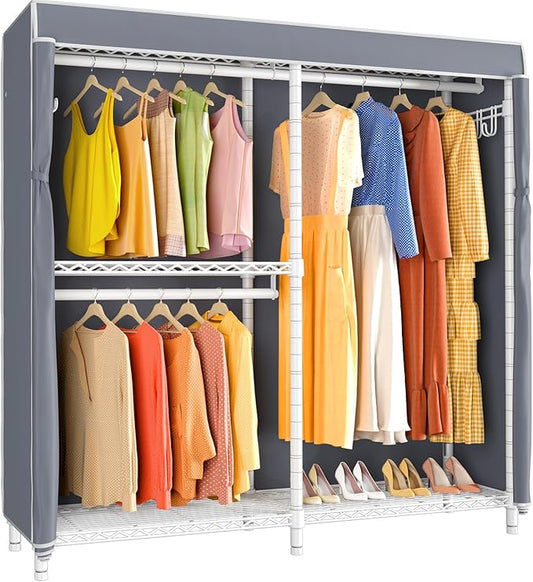VIPEK V4C Heavy Duty Adjustable Clothing Rack, White Metal Closet Rack with Grey Cover, 57.9" L x 17.3" W x 76.4" H, 3 Hanging Rods & Side Hooks, Portable Closet