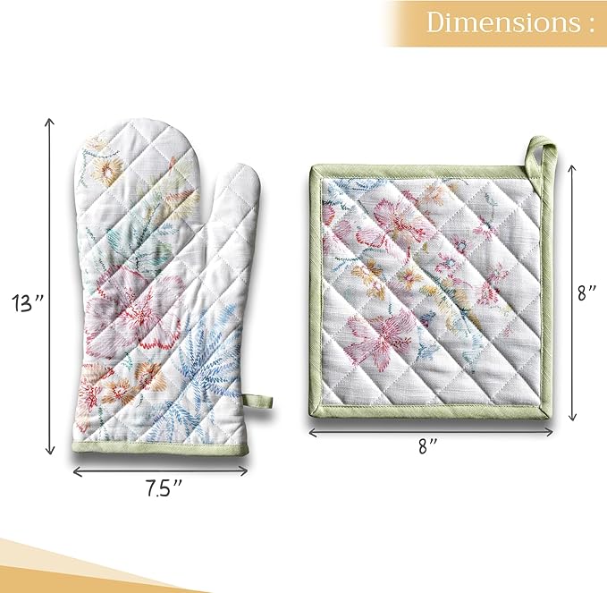 Maison d' Hermine 100% Cotton Oven Mitt & Pot Holder Set (7.5"x13" & 8"x8") Heat Resistant BBQ Cooking Gloves with Loop, Baking, Grilling, Kitchen, Handling Hot Pans Spring/Summer (Paradise Island)