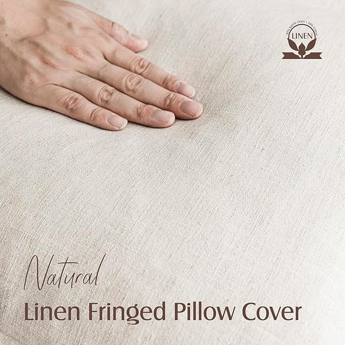 Foindtower Set of 2 Decorative Linen Fringe Throw Pillow Covers Cozy Boho Farmhouse Cushion Cover with Tassels Soft Accent Pillowcase for Couch Sofa Bed Living Room Home Decor, 22×22 Inch, Beige