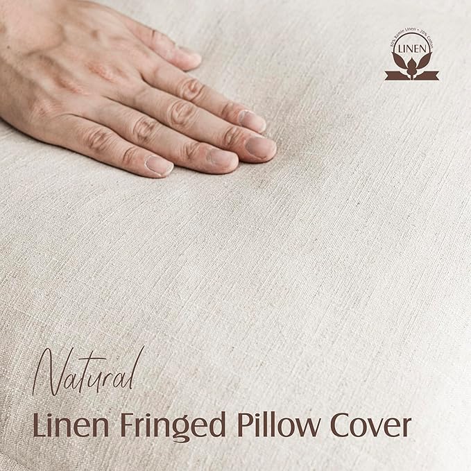 Foindtower Set of 2 Decorative Linen Fringe Throw Pillow Covers Cozy Boho Farmhouse Cushion Cover with Tassels Soft Accent Pillowcase for Couch Sofa Bed Living Room Home Decor, 16×16 Inch, Beige