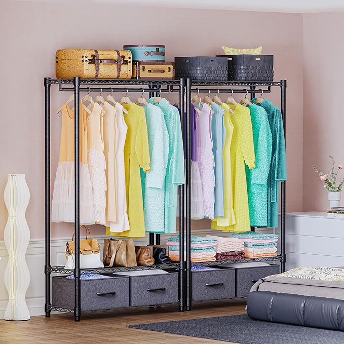 IZEUK Heavy Duty Clothes Rack with Drawers, Metal Freestanding Garment Rack for Hanging Clothes with 1 Rod & 2 Drawers, Adjustable Closet Wardrobe Organizer, 15.7" D x 35.5" W x 72.4" H, Dark Grey