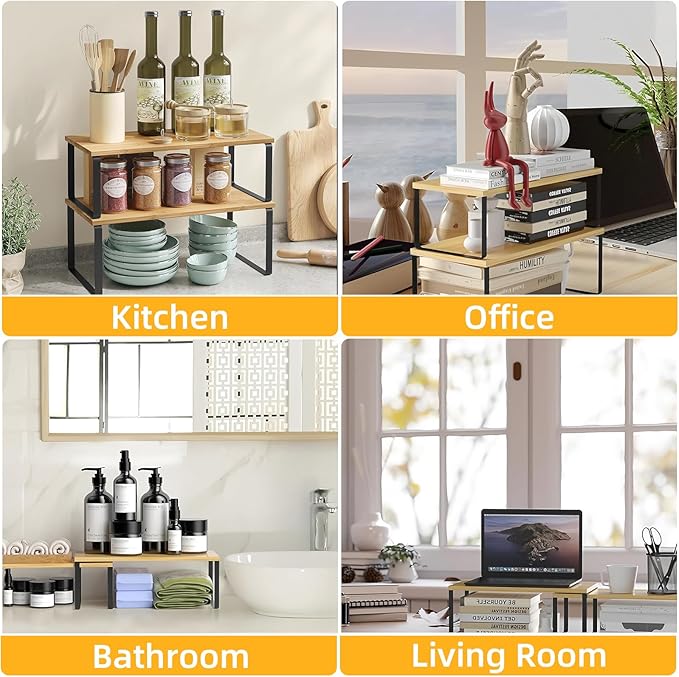 2 Pack Cabinet Organizer Shelves, Stackable and Expandable Kitchen Counter Shelf, for Kitchen Cabinet Countertop Storage, Spice Rack, Metal and Premium Bamboo (White, 11.7" W)