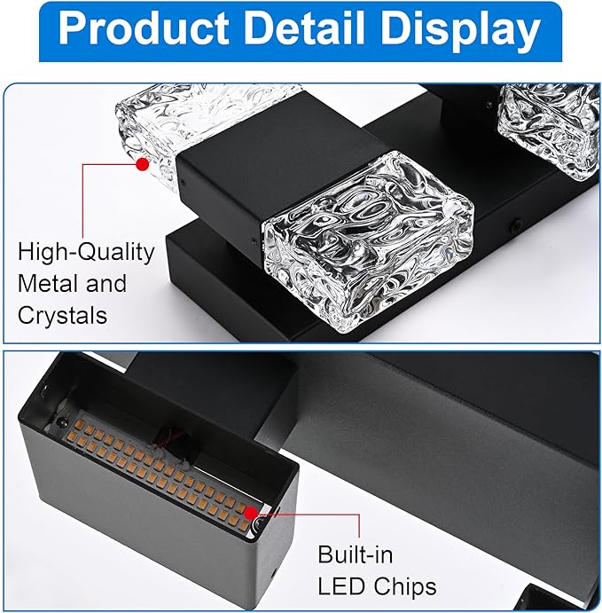MELUCEE 30.3 in LED Bathroom Lighting Fixtures Over Mirror LED Vanity Light Black Modern Bathroom Light Bar 40W Crystal Wall Light Fixtures, 3000K Warm Lighting, Built-in Led Chips