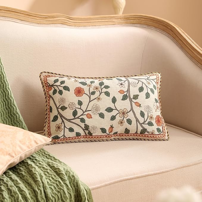 Design Linen Classic Throw Pillow Covers 12"x20" Pack of 2, French Farmhouse Rectangle Cushion Covers with Orange White Floral Pattern Decor Pillowcases for Bed,Living Room,Outdoor,Car