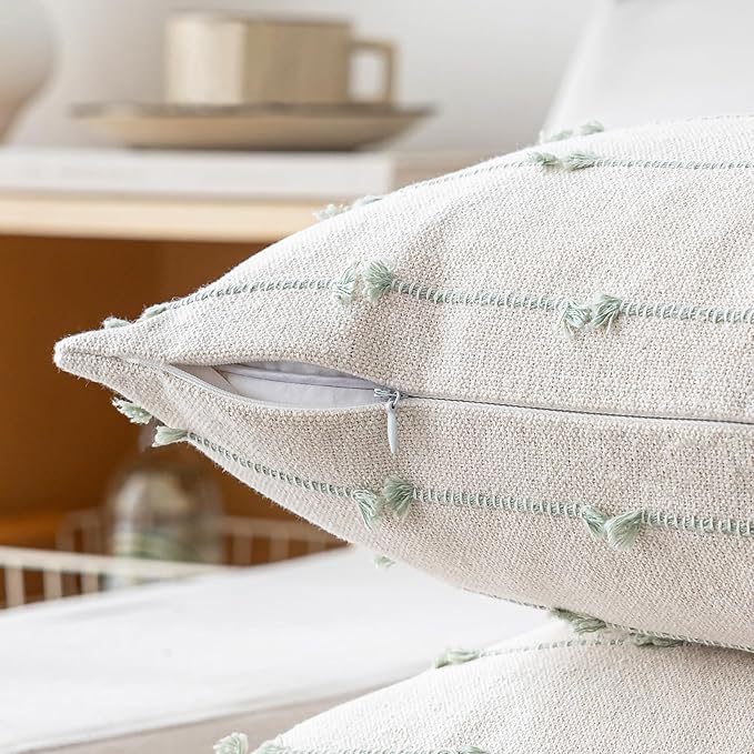 Boho Throw Pillow Covers12x20 Set of 2 Modern Farmhouse Decorative Cushion Case Tufted Linen Square Pillow Cover Neutral Pillow Cases Accent Pillowcase for Sofa,Couch,Bed,Beige and Green