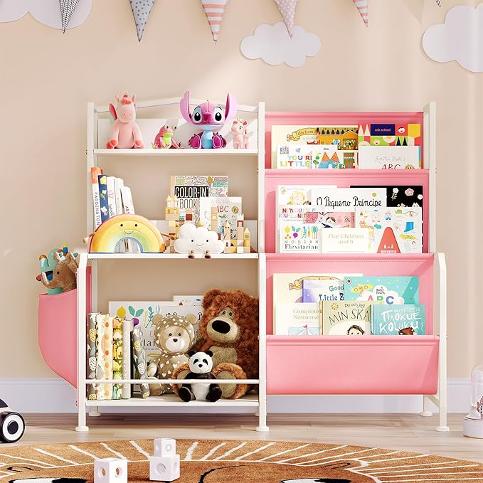 Kids Bookshelf and Toy Organizer, 3 Tier Girls Pink Bookshelf for Kids, Nursery Book Shelves, Toddler Book Shelf, Kids Book Shelf for Kid Room, White/Pink
