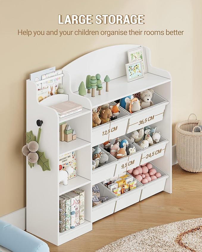 Toy Storage Organizer, Toy Shelf with 8 Storage Bins, Playroom Storage, Kids Bookshelf, 4-Tier Toddler Bookshelf for Children's Room, Bedroom, Living Room, Study Room, Nursery White KB42003W