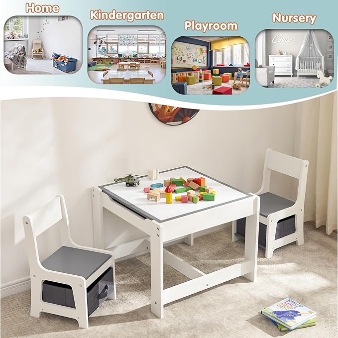Kids Table and Chair Set, 3 in 1 Children Activity Table with Storage Drawer, 2 in 1 Tabletop Removable Blackboard for Crafts, Arts, Drawing, Reading, Toddler Table and Chair Set for Boys & Girls