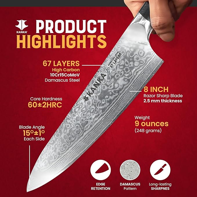 KANKA 10-inch 67 Layers Damascus Steel Profesional Chef Knife - Extra Long, G10 Black Fiberglass Handle, Razor Sharp Knife. Wood Sheath Included.