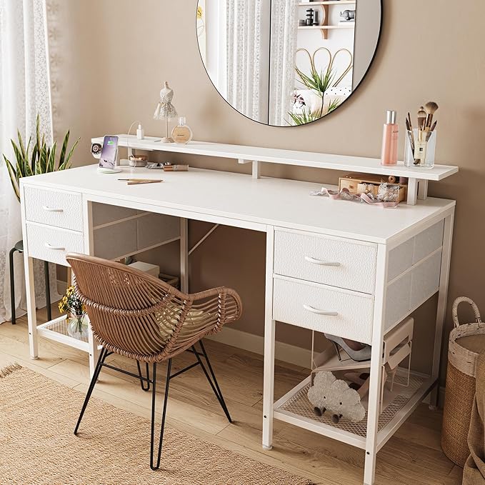 Huuger 55 inch Computer Desk with 4 Drawers, Gaming Desk with LED Lights & Power Outlets, Home Office Desk with Large Storage Space for Bedroom, Work from Home, White