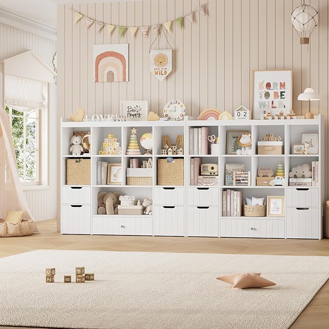 HORSTORS 48"W Kids Toy Storage Organizer, Large Toy Storage Chest with Removable Bins, 46"H Kids Bookshelf and Bookcase with Drawers for Boys and Girls, Modern Toy Box for Playroom, Classroom, White